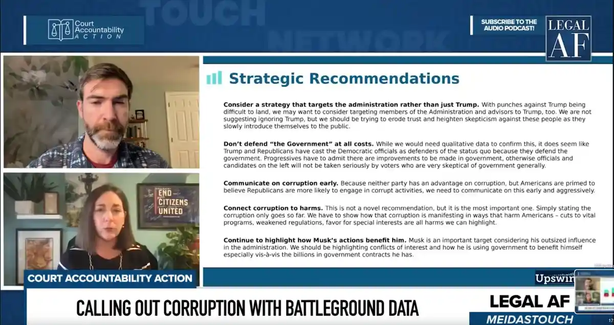 A screenshot from a 'Legal AF' podcast by Court Accountability Action shows two speakers on a video call next to a slide…