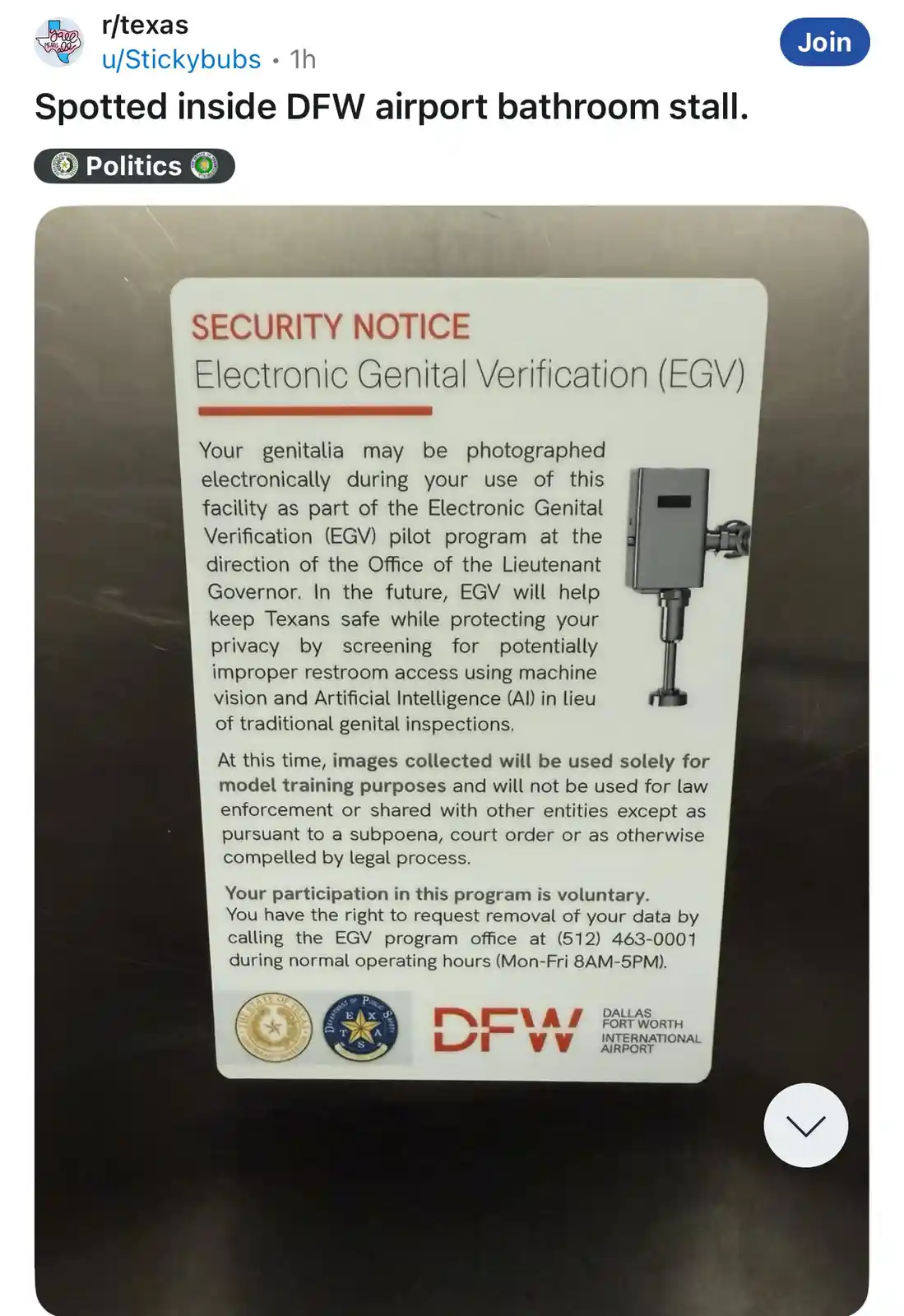 A sign posted inside a Dallas Fort Worth airport bathroom stall falsely claims to be a 'Security Notice' for an 'Electronic…