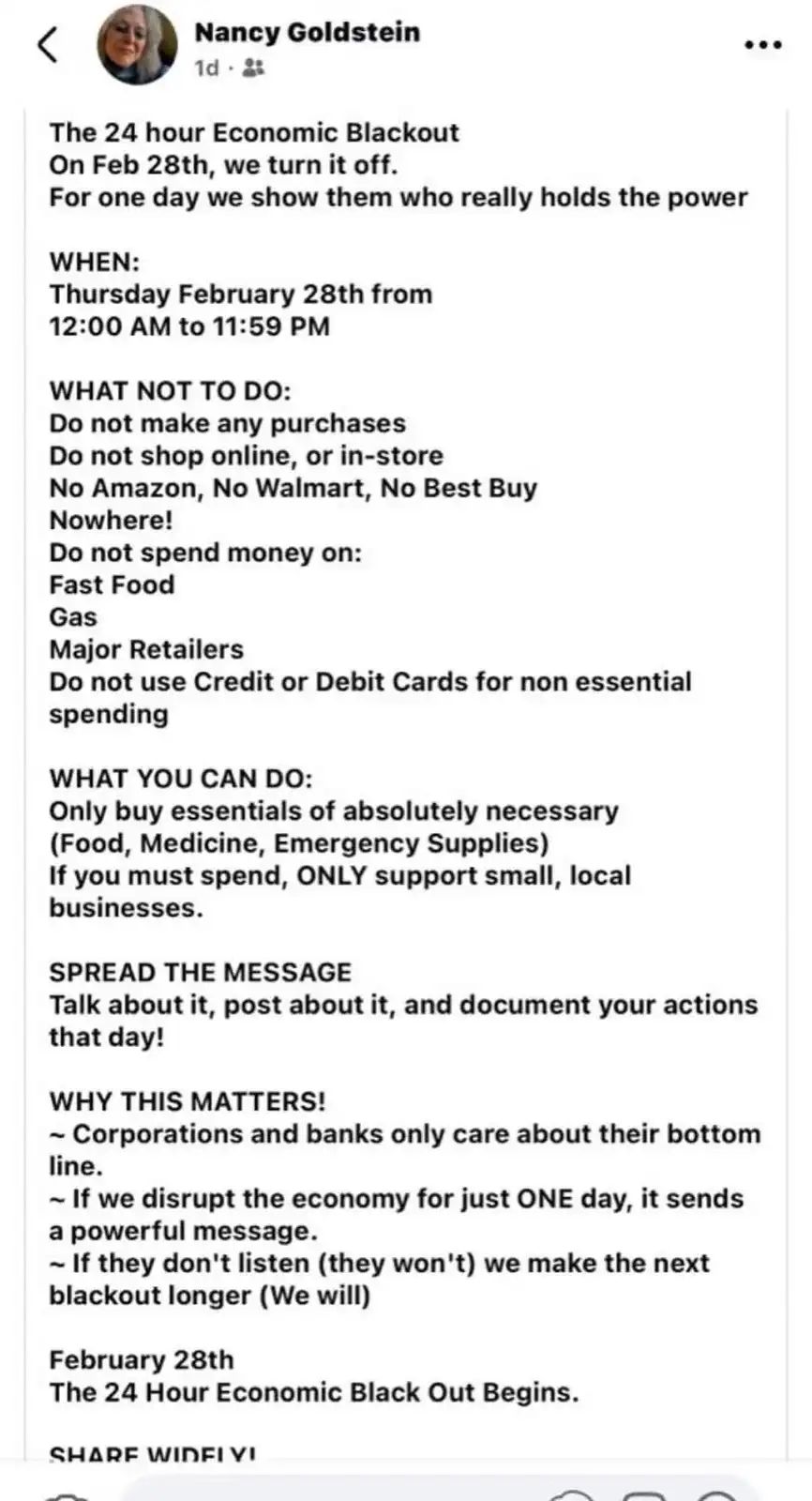 A screenshot of a Facebook post by Nancy Goldstein detailing a '24 Hour Economic Blackout' scheduled for February 28th…