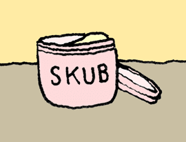 A simple cartoon drawing shows a pink jar with a lid lying beside it on a beige surface against a pale yellow background…