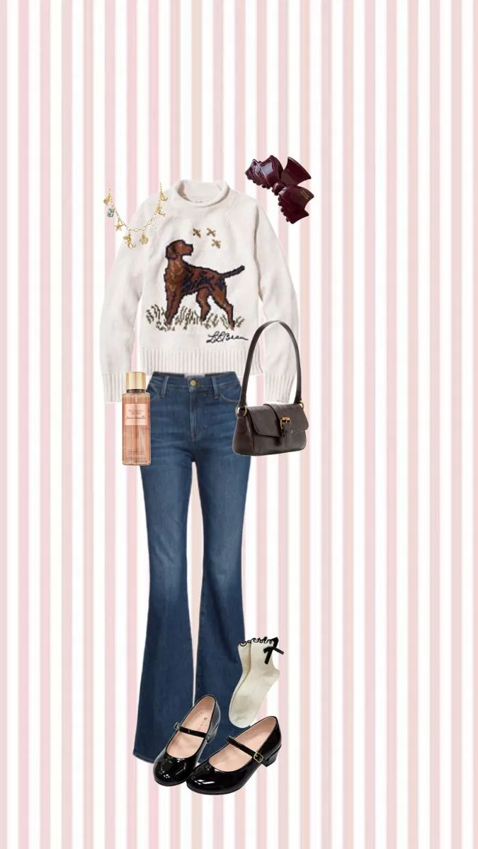 A flat-lay fashion collage on pink and white vertical stripes shows a white sweater with a brown dog graphic, blue flared…