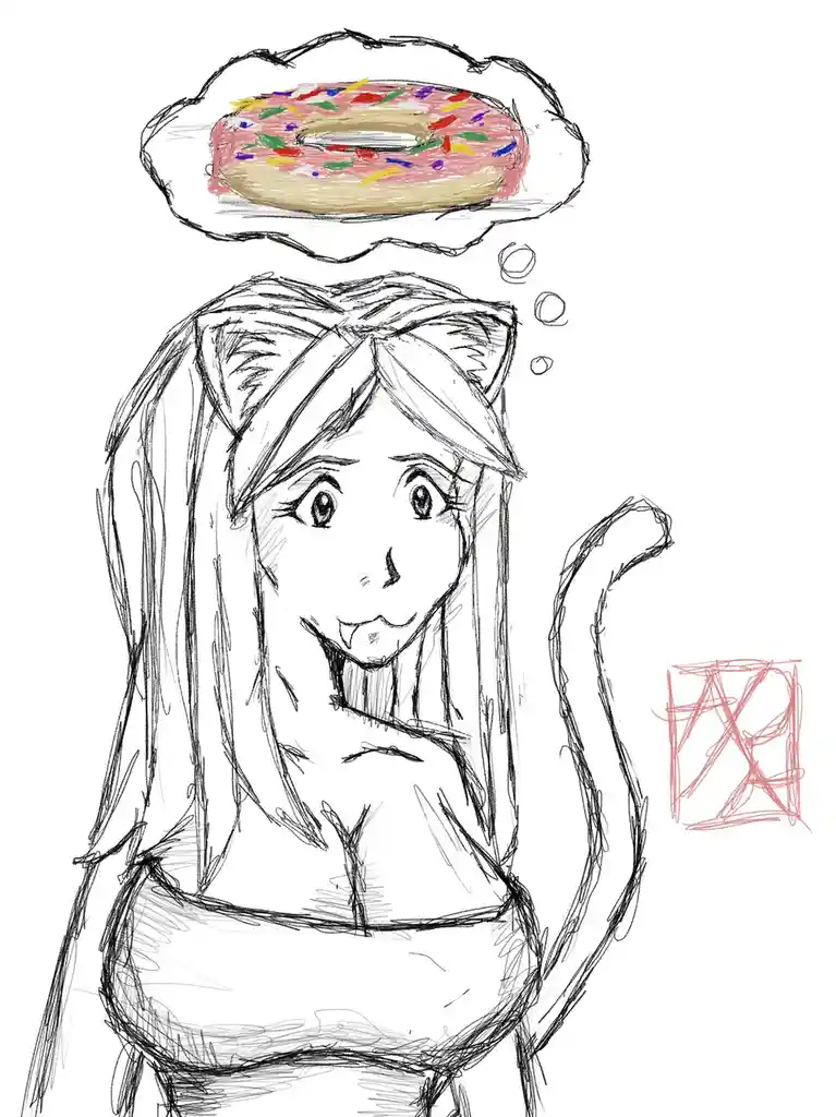 A hand-drawn sketch shows a girl with cat ears and a tail, smiling with a thought bubble above her head containing a…