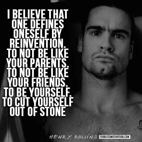 A black-and-white photo of a shirtless man with a serious expression, overlaid with large white text quoting Henry Rollins…