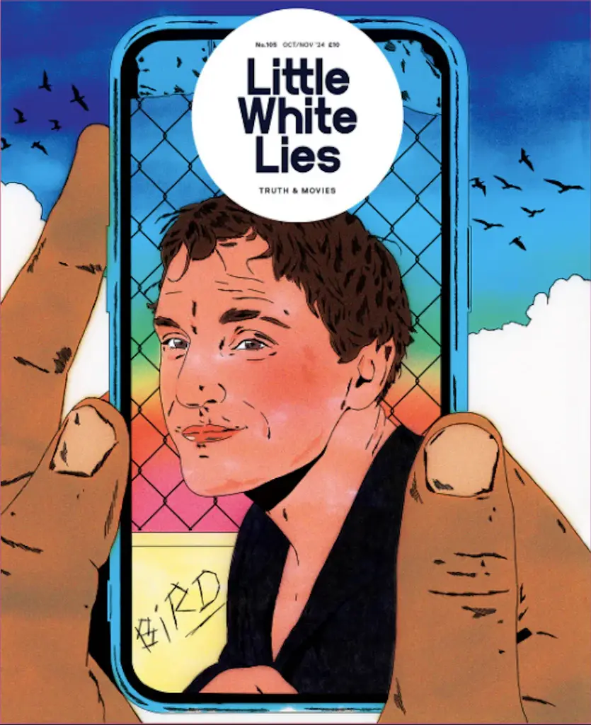 A cartoon hand holds a smartphone displaying the cover of 'Little White Lies' magazine, featuring a man's face behind a…