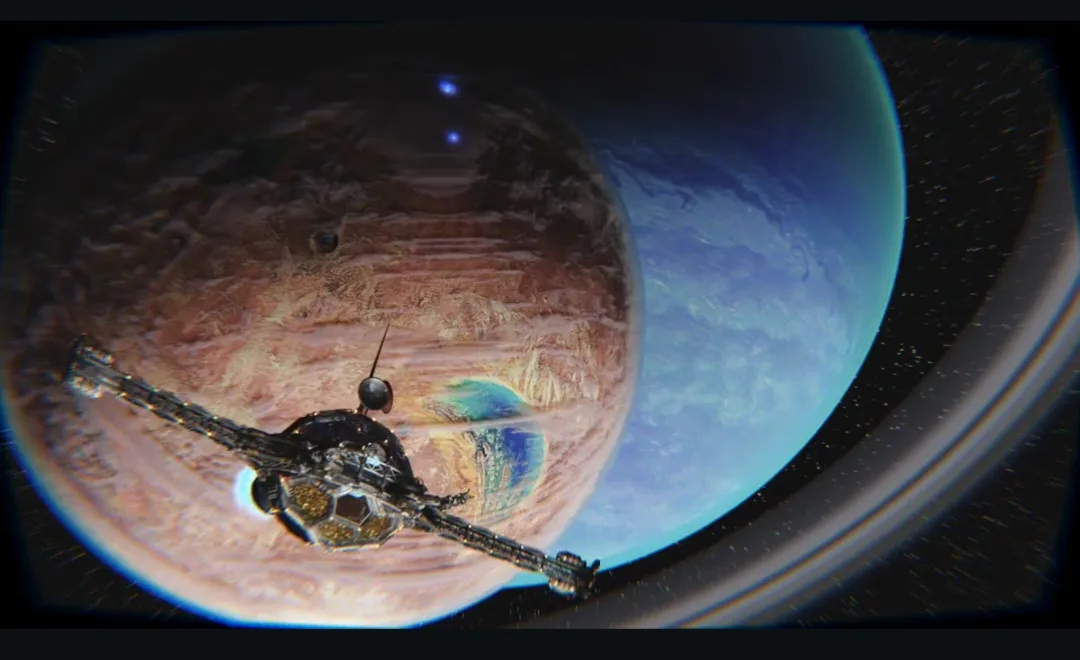 A space probe with extended solar panels and a hexagonal main body is shown in orbit, with a large reddish-brown planet and…