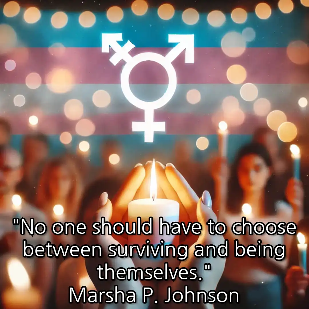 A person holds a lit candle in the foreground, with a blurred crowd holding candles in the background. A transgender pride…