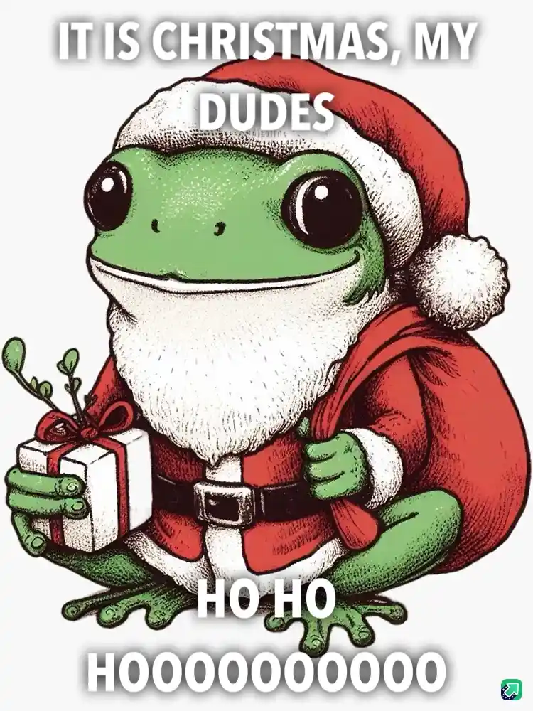 A cartoon green frog dressed as Santa Claus, wearing a red hat with white trim and a fluffy white beard, holding a wrapped…