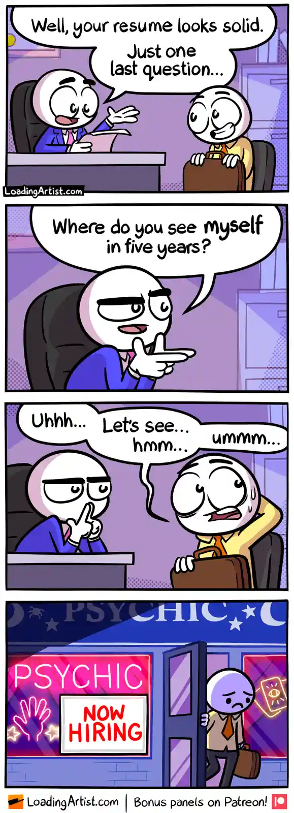 A four-panel comic shows a job interview where the interviewer asks the candidate, 'Where do you see myself in five years?'…
