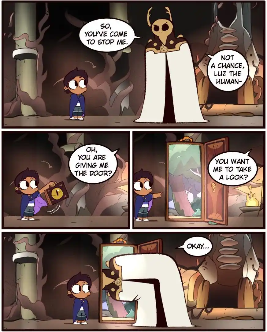 A comic strip shows a small human boy named Luz facing a tall, menacing figure in a white robe. The figure says 'So, you've…