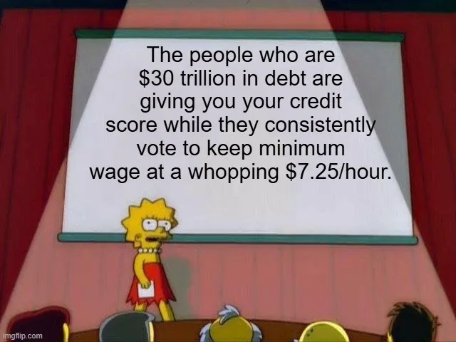 Lisa Simpson stands at a podium in front of a projector screen displaying the text: 'The people who are $30 trillion in debt…