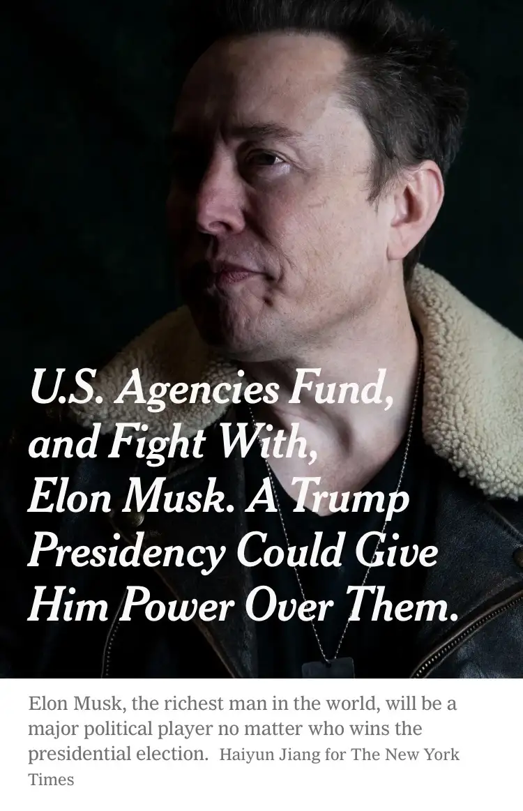 A close-up photo of Elon Musk wearing a black leather jacket with a cream-colored shearling collar, looking slightly to the…