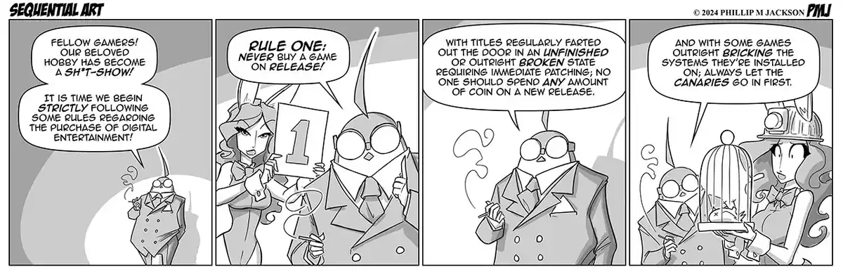 A four-panel black-and-white comic strip featuring two anthropomorphic characters, one with rabbit-like ears and the other…