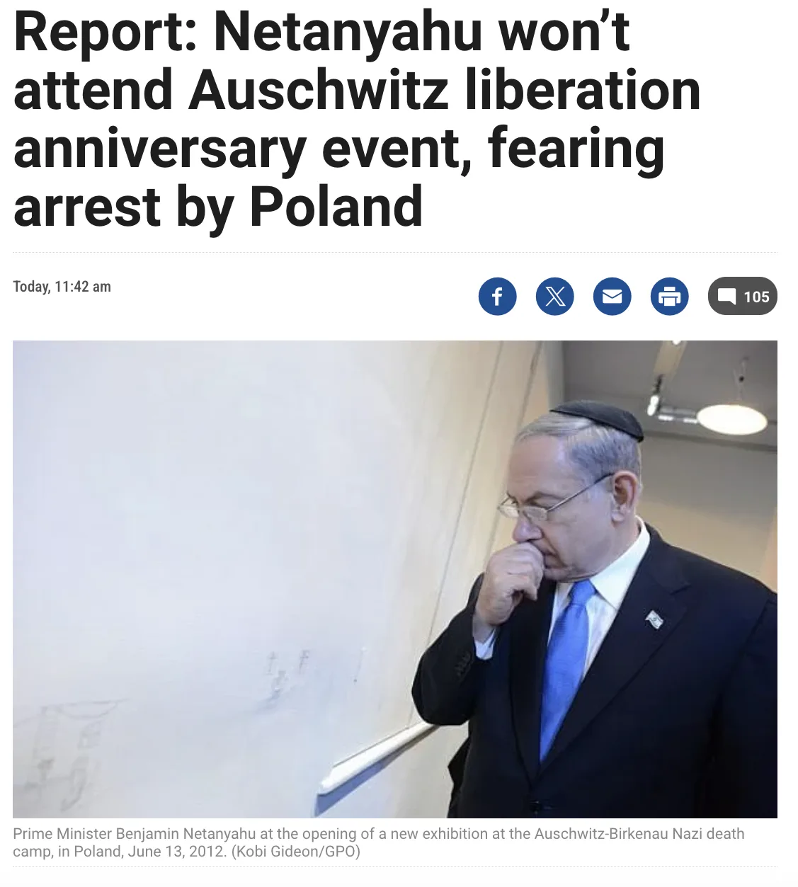 A screenshot of a news article shows a photo of Benjamin Netanyahu in a suit and kippah, looking down with his hand near his…