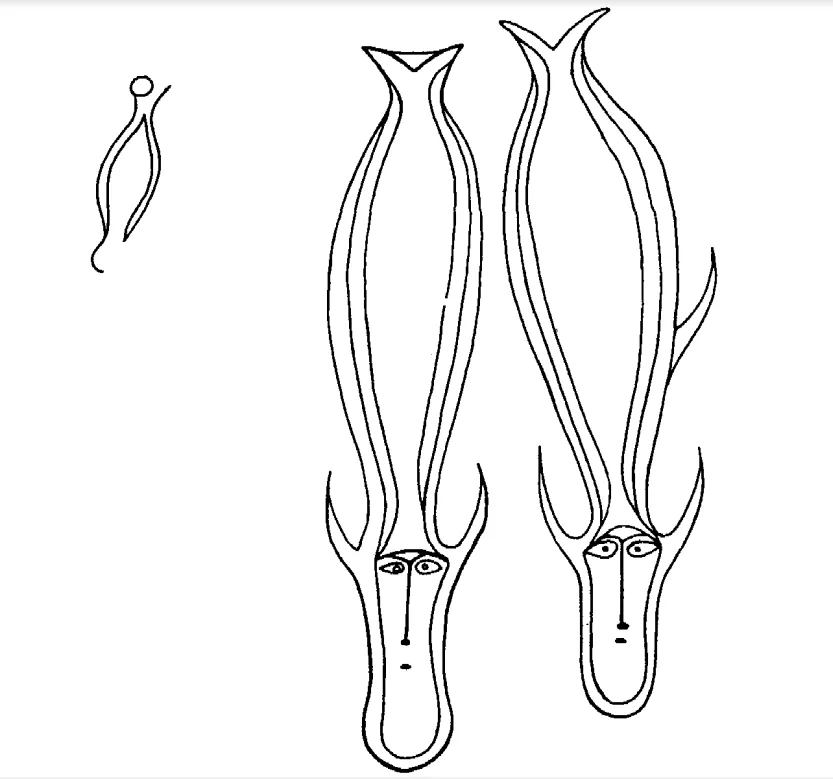 The image shows three minimalist black-and-white line drawings: two large, vertically oriented figures resembling stylized…