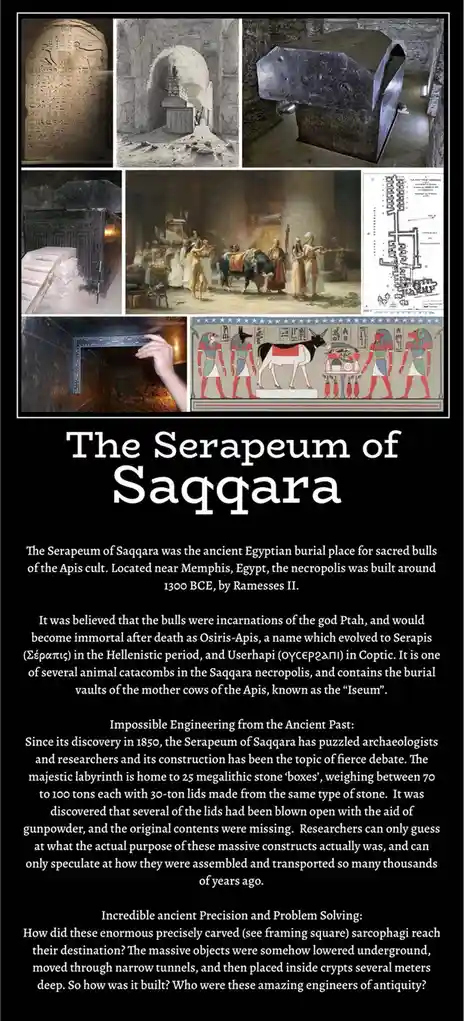 A collage of images showing ancient Egyptian artifacts, including inscribed stone slabs, a large stone sarcophagus, a…