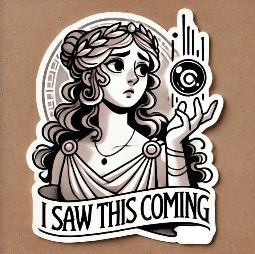 A stylized illustration of a woman with curly hair and a laurel wreath, wearing a draped garment, holds up a hand with an…