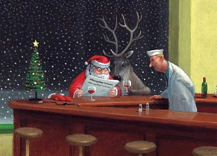 A classic painting-style image depicts Santa Claus sitting at a wooden bar, reading a newspaper while a reindeer leans over…