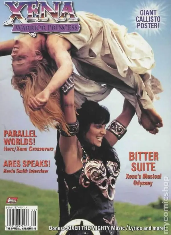 The cover of 'Xena: Warrior Princess' magazine #3 shows Xena holding Callisto upside down over her head. Text on the cover…