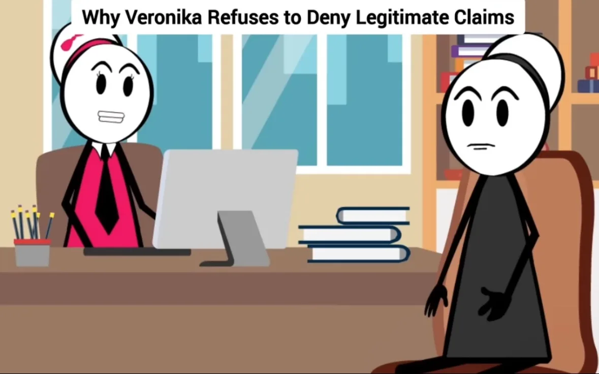 Two stick-figure characters sit in an office; one in a pink shirt and tie sits behind a desk with a computer, while the…