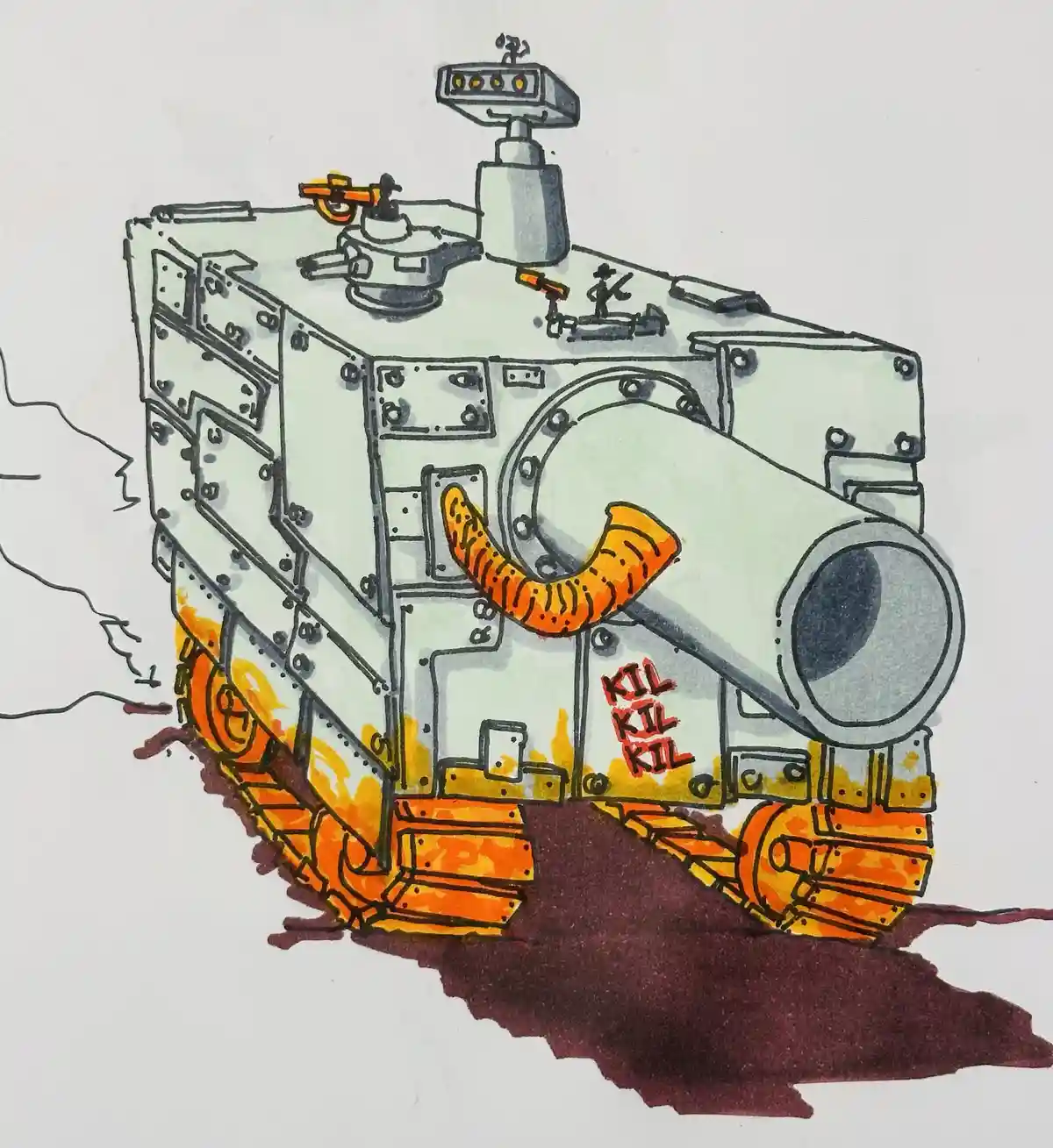 A hand-drawn illustration of a boxy, tank-like vehicle with orange tracks and a large cannon, depicted as if moving through…