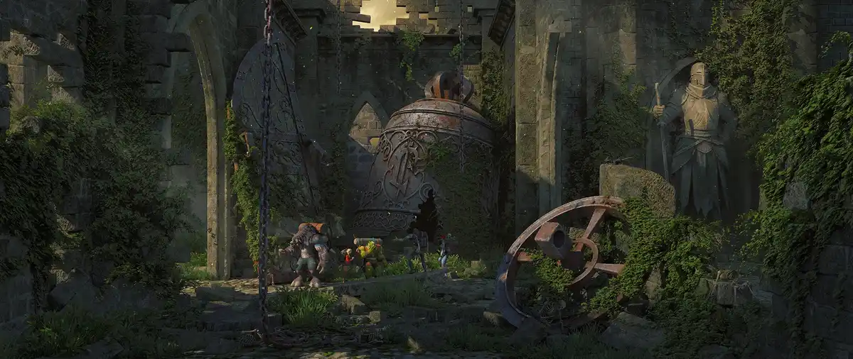 A group of fantasy adventurers stands before the entrance of a dilapidated, overgrown castle ruin. The scene features a…