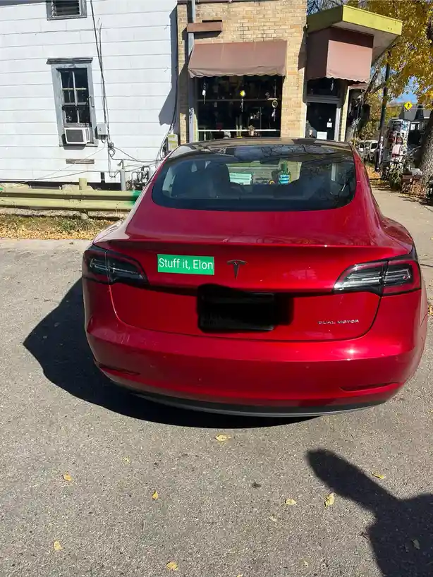 The rear view of a red Tesla Model 3 parked on a street with fallen leaves, featuring a green sticker that reads 'Stuff it…
