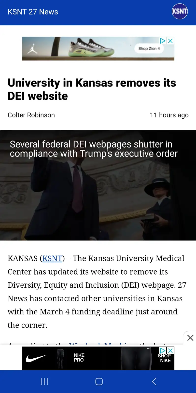 A screenshot of a KSNT 27 News article titled 'University in Kansas removes its DEI website' shows a photo of Donald Trump…
