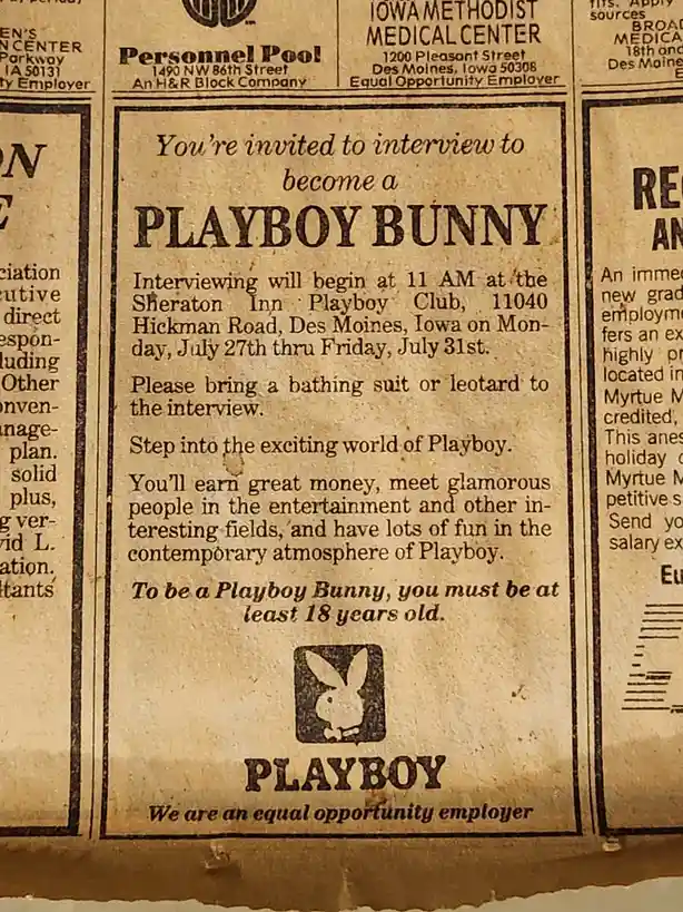 A vintage newspaper clipping shows a formal job advertisement for 'Playboy Bunny' positions, complete with interview dates…