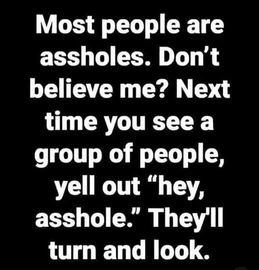 A black background with large white text that reads: 'Most people are assholes. Don't believe me? Next time you see a group…