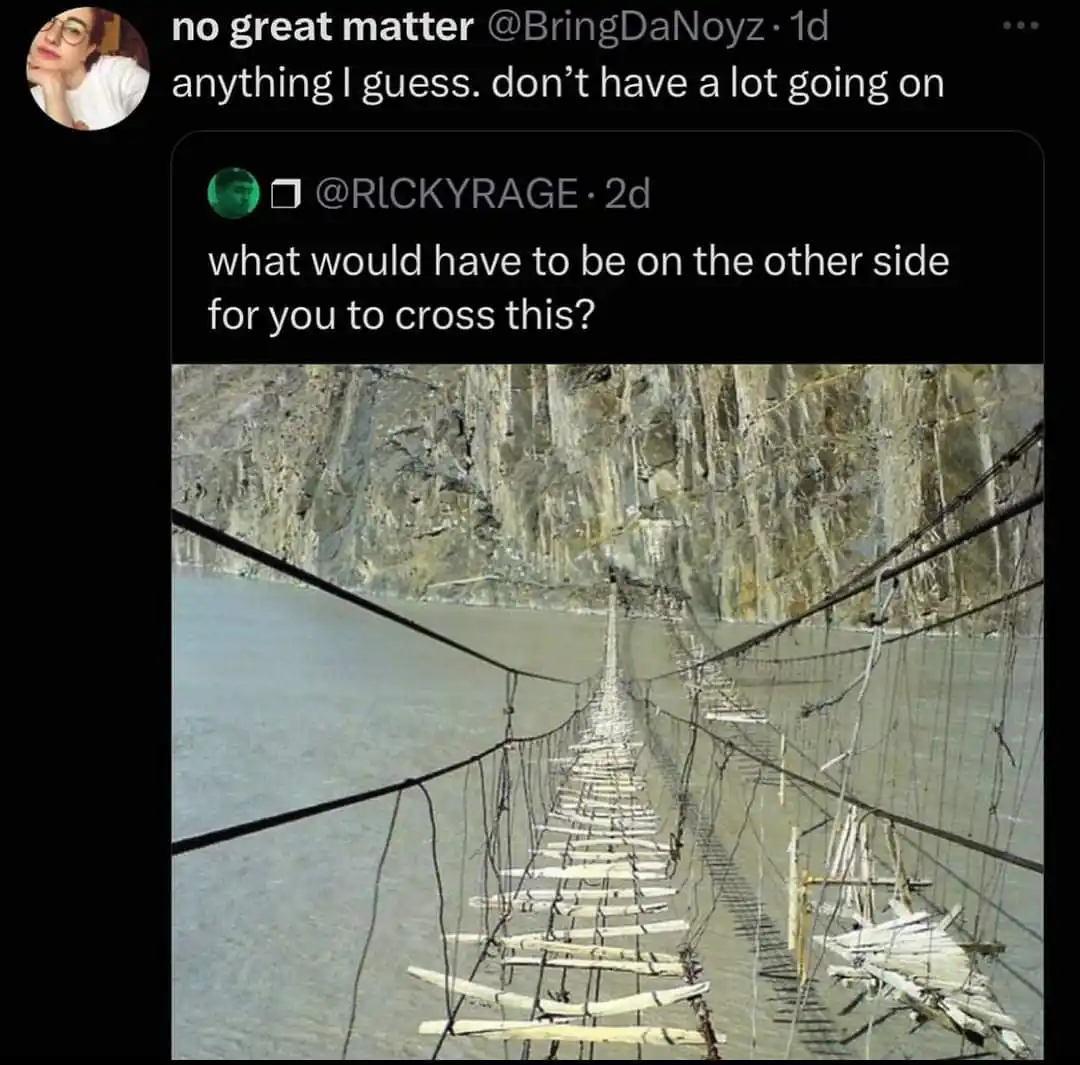A screenshot of a Twitter thread shows a user replying to a question about crossing a precarious, rickety rope bridge over…
