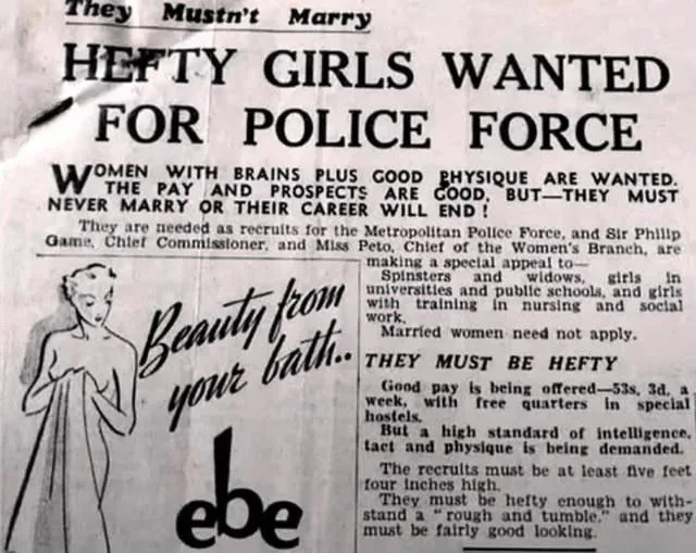 A vintage newspaper clipping from the 1920s advertises the Metropolitan Police Force's recruitment of 'hefty girls' for its…