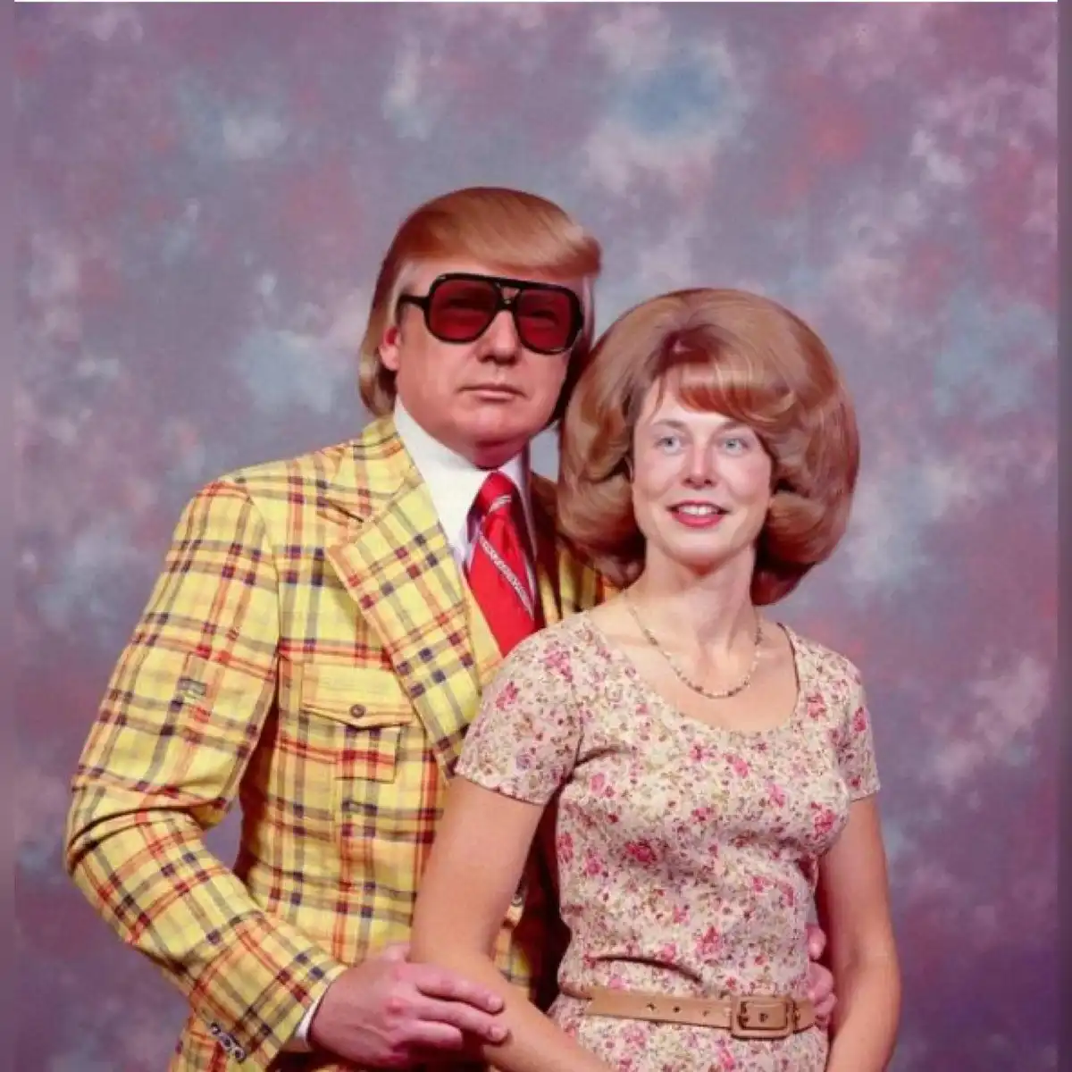 A vintage 1970s studio portrait shows a man with a distinctive blonde hairstyle and large dark sunglasses wearing a bright…