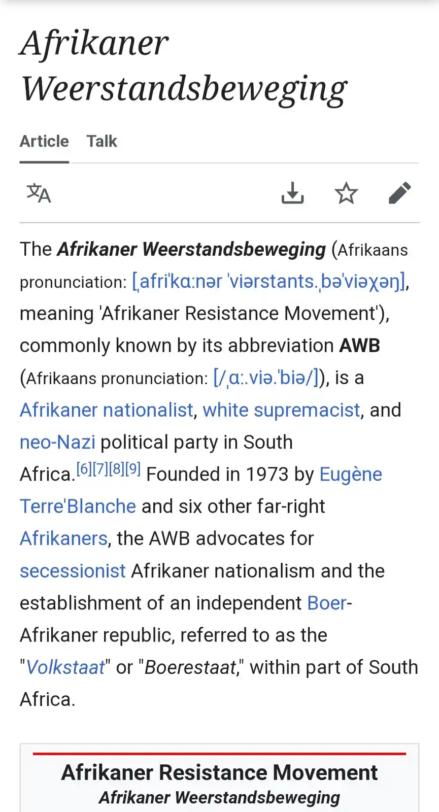 A screenshot of a Wikipedia article about the Afrikaner Weerstandsbeweging (AWB), showing its definition as an Afrikaner…