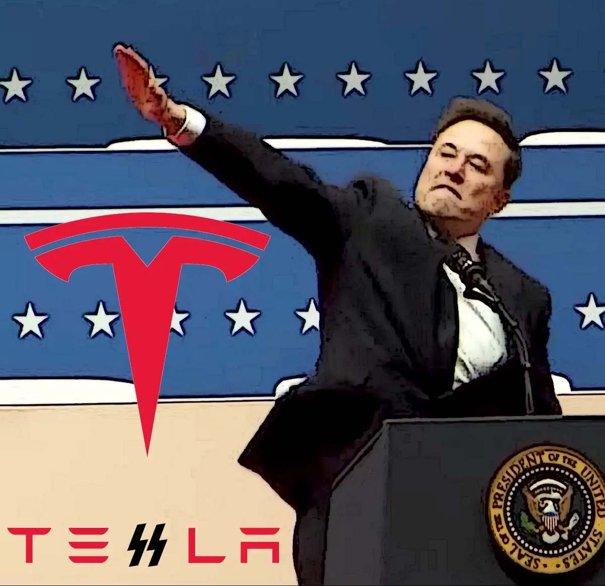 A digitally altered image shows a man in a suit standing at a podium with the Seal of the President of the United States…
