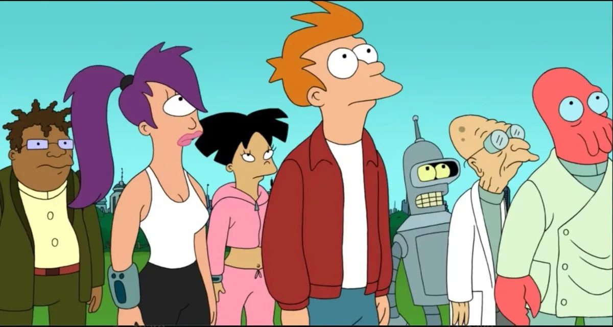 A group of animated characters from Futurama stand in a line looking upward with expressions of confusion or disapproval…