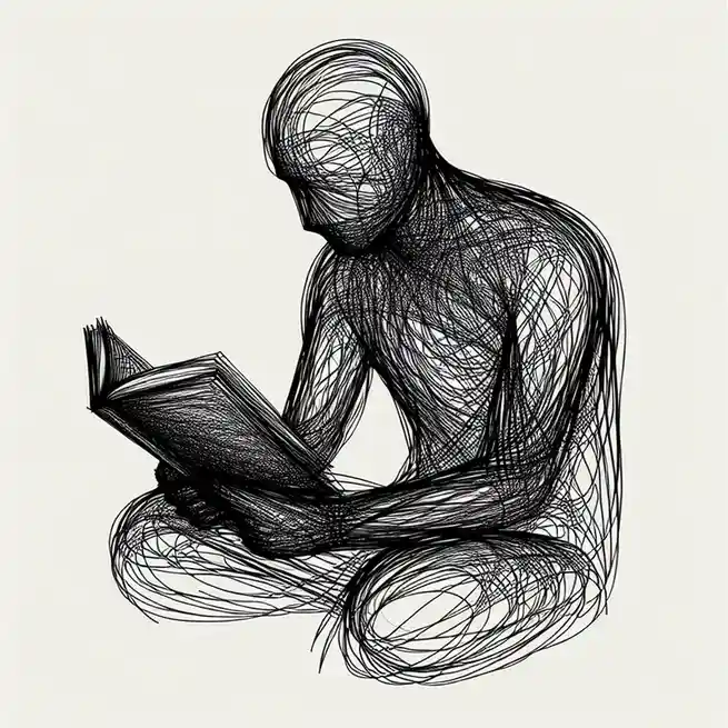 A person is depicted sitting cross-legged, holding an open book, rendered entirely in chaotic, scribbled black lines that…