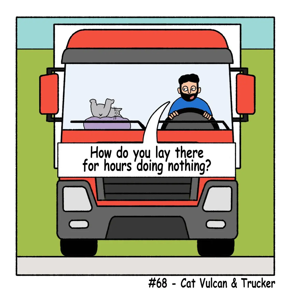 A cartoon illustration shows the front of a red and grey truck. Inside the cab, a bearded man in a blue shirt is driving…