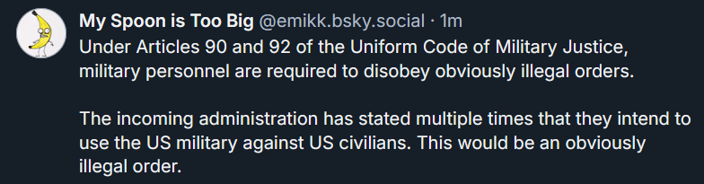 A screenshot of a social media post by @emikk.bsky.social with a banana avatar, stating that under Articles 90 and 92 of the…