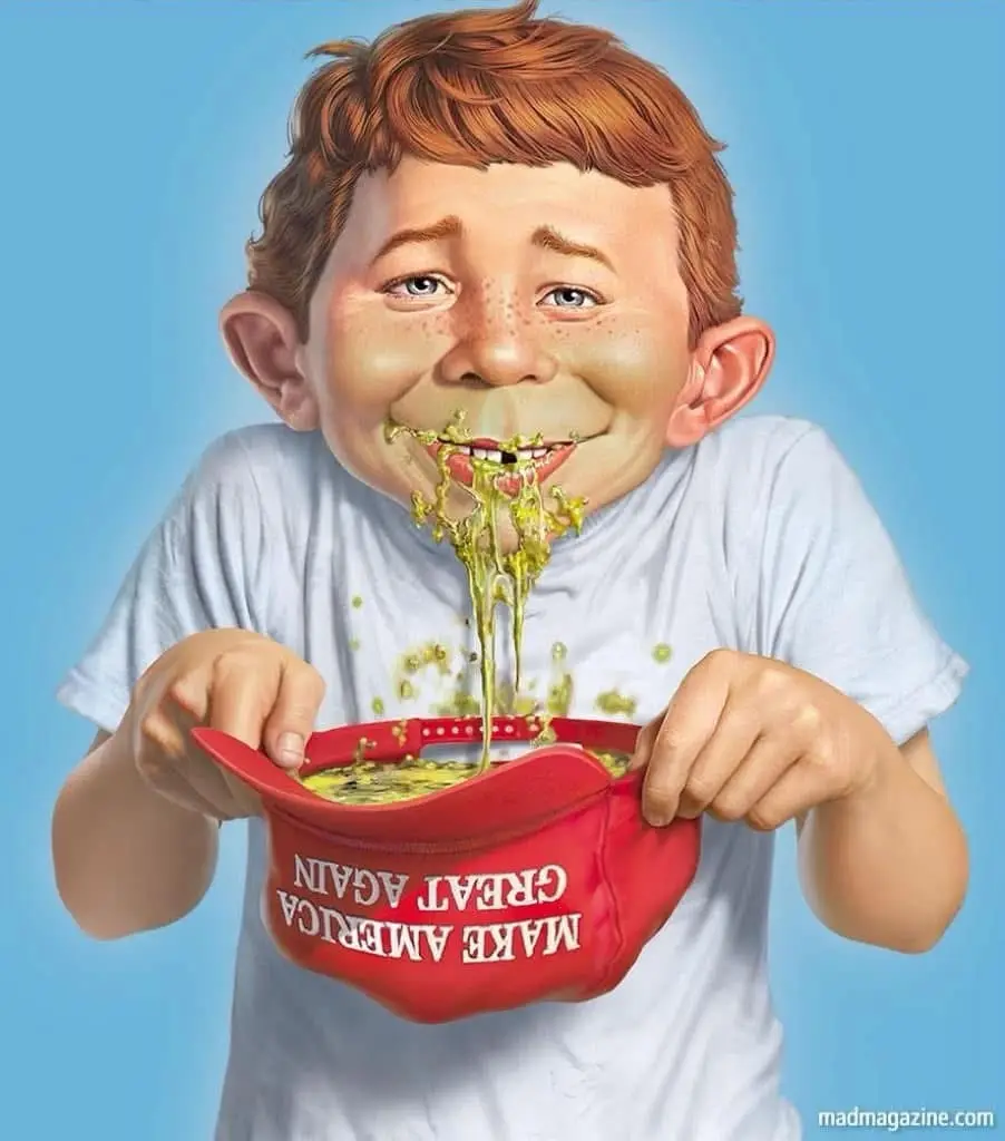 A cartoonish young boy with freckles and oversized ears is happily eating from a red bucket labeled 'MAKE AMERICA GREAT…