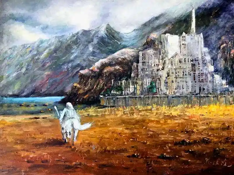 A painting depicts a lone white-robed figure on a white horse walking toward a grand, illuminated city nestled against a…