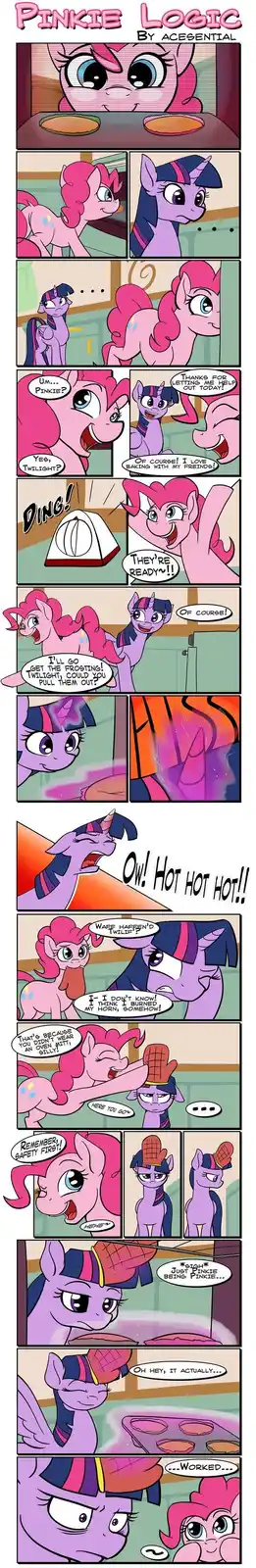A comic strip featuring Pinkie Pie and Twilight Sparkle, where Pinkie Pie, covered in frosting, enthusiastically bakes pies…