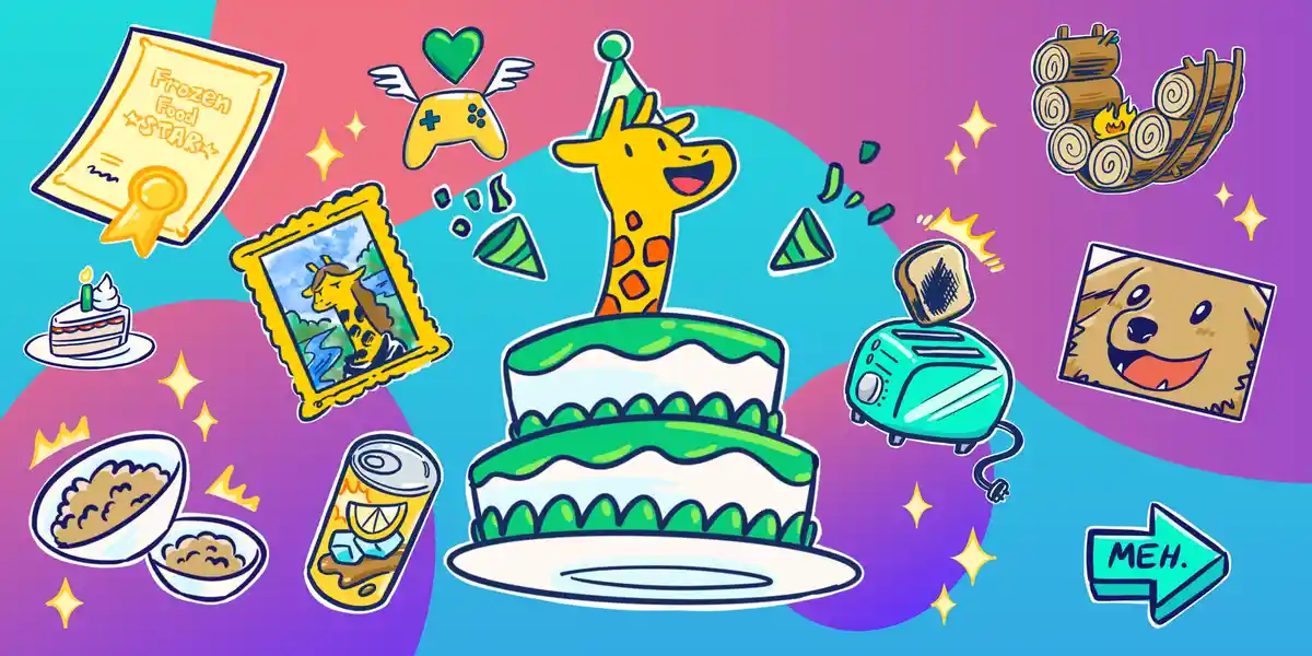 A colorful cartoon illustration features a central two-tiered birthday cake with a smiling giraffe wearing a party hat on…