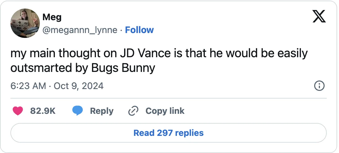 A screenshot of a tweet from user Meg (@megannn_lynne) posted on October 9, 2024, at 6:23 AM. The tweet reads: 'my main…