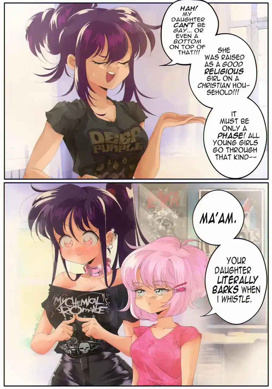 A two-panel anime comic shows a mother confidently denying her daughter's sexuality, claiming she was raised in a Christian…