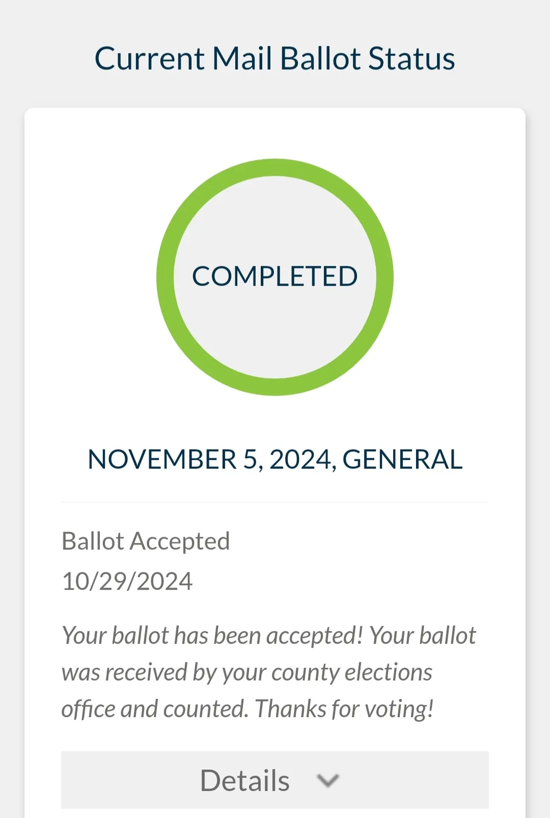 A screenshot of a ballot status page showing a green circle with 'COMPLETED' inside, indicating the ballot for the November…