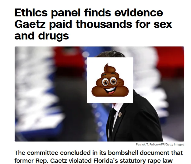 A news headline reads 'Ethics panel finds evidence Gaetz paid thousands for sex and drugs' above a photo of a man in a suit…