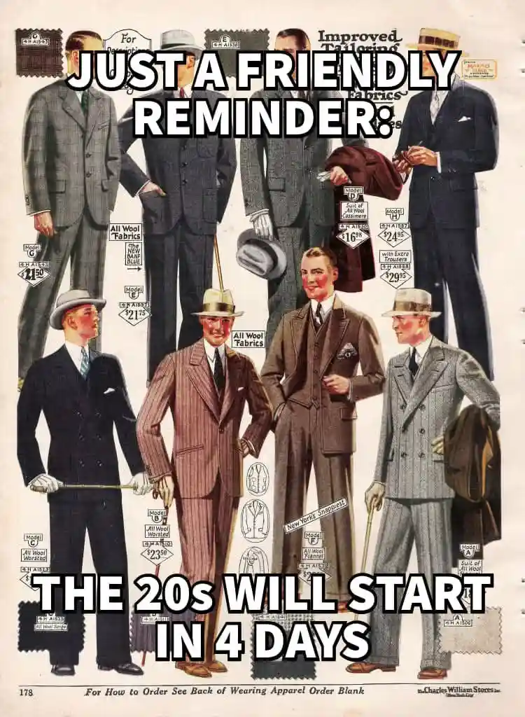 An old-fashioned men's suit catalog page featuring multiple illustrated men in various suits and hats, with price tags and…