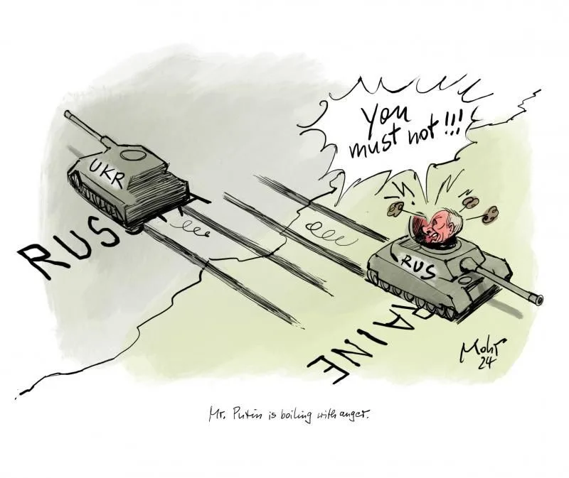A cartoon depicts two tanks labeled 'RUS' and 'UKR' on a track labeled 'RUSSIA' and 'UKRAINE'. The tank labeled 'RUS' has a…