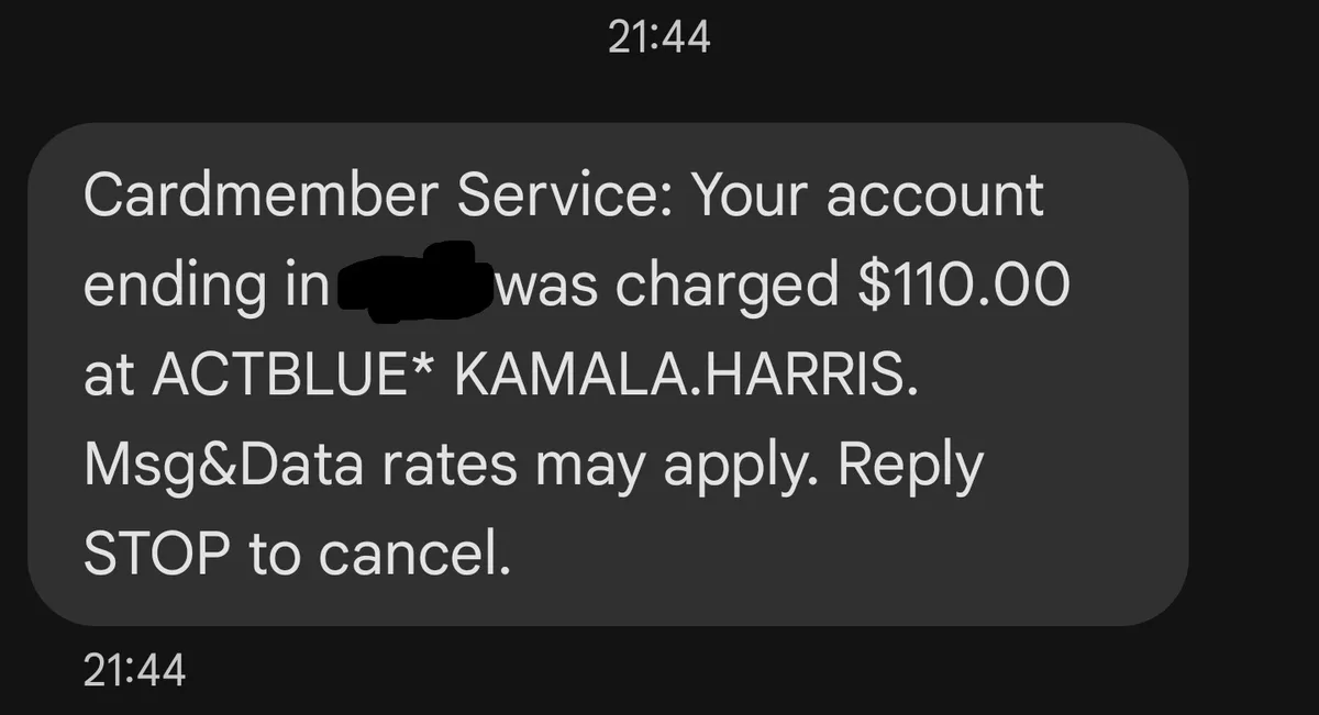 A screenshot of a text message from 'Cardmember Service' showing a $110.00 charge to a credit card ending in redacted digits…