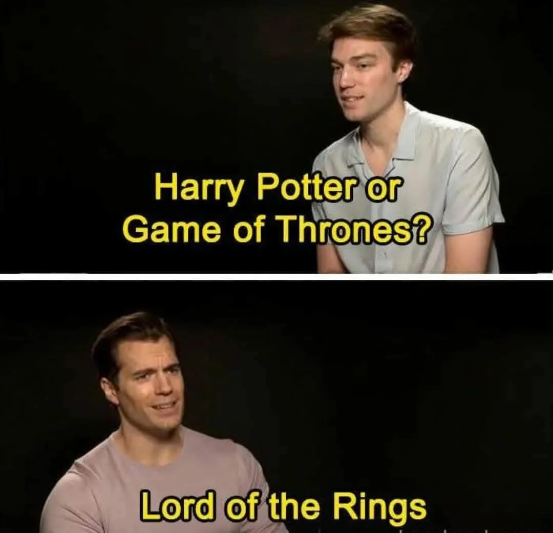 The top panel shows a young man in a light-colored shirt with the text 'Harry Potter or Game of Thrones?' overlaid. The…